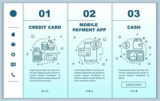 bankieren onboarding mobiele webpagina's vector sjabloon. financiële diensten. creditcard, contant geld, app voor mobiel betalen. responsieve smartphone website-interface. webpagina walkthrough stap schermen
