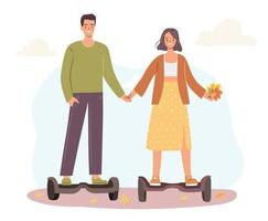 mensen op hoverboard. gelukkig paar op een date buiten in de herfst. platte vectorillustratie vector