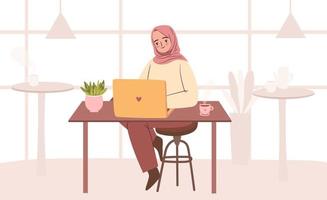 vrouw in hijab die in café werkt. gemachtigde zakenvrouw die op laptop werkt. moslimstudent met laptop in café vector
