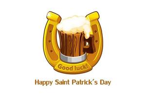 vectorbanner met een houten pul bier en een hoefijzer. ansichtkaart met de inscriptie st. Patrick's dag. vector