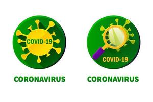 ronde platte iconen van coronavirus en virus onder een vergrootglas. de inscriptie en het logo van de epidemie covid-19. vector