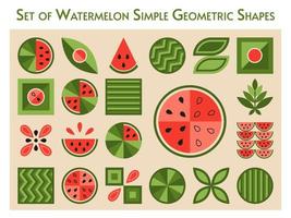 set watermeloenelementen in eenvoudige geometrische vormen. abstracte eenvoudige vormen. goed voor decoratie van voedselpakket, omslagontwerp, decoratieve print, achtergrond. vector