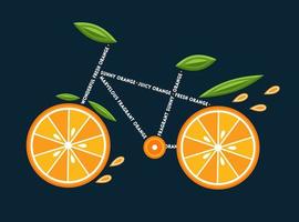 embleem in de vorm van een fiets gemaakt van stukjes sinaasappel, groene bladeren, tekstbijschrift. gezond levensstijlconcept. goed voor decoratie van voedselverpakkingen, boodschappen, landbouwwinkels vector