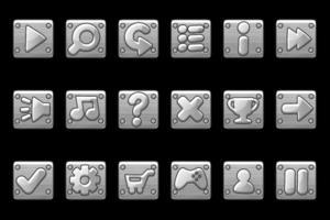 vierkante metallic grijze knoppen voor game-gui. vector set tekens app iconen voor gebruikersinterface.