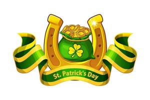 vector banner van tas met munten en gouden hoefijzer. st. patricks dag wenskaart illustratie.