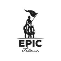 filmrol met paard ridder silhouet, middeleeuws krijger paard met oorlogsbanner vlag voor epische kolossale film bioscoopproductie logo ontwerp vector