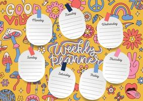 afdrukbare weekplanner, organisator a4-blad. sjabloon voor tijdbeheerplanning. positieve briefpapier organisatoren. hippie levendig, jaren 70 retro stijl. hand getekende illustratie. afdrukbare sjabloon in a4-formaat vector