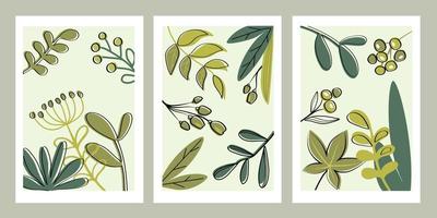 botanische muur kunst vector set, posters, gebladerte lijntekeningen tekenen met abstracte vorm.