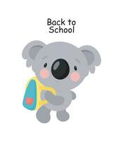 schattige koala met schooltas. cartoon-stijl. vectorillustratie. voor kaarten, posters, banners, boeken, bedrukking op de verpakking, bedrukking op kleding, stof, behang, textiel of servies. vector