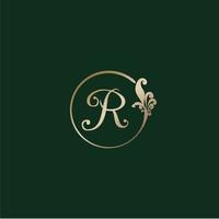 letter r decoratieve alfabet logo geïsoleerd op groene achtergrond. luxe gouden ring eerste abjad logo ontwerpsjabloon. elegante krul bloemen logo concept. eps 10 bestandsproject vector