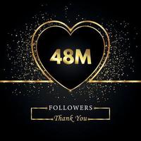 dank u 48m of 48 miljoen volgers met hart en gouden glitter geïsoleerd op zwarte achtergrond. wenskaartsjabloon voor sociale netwerken, vrienden en volgers. bedankt, volgers, prestatie. vector
