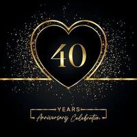 40 jaar Jubileumfeest met gouden hart en gouden Glitters op zwarte achtergrond. vectorontwerp voor begroeting, verjaardagsfeestje, bruiloft, evenementfeest. 40 jaar jubileumlogo vector