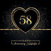 58 jaar Jubileumfeest met gouden hart en gouden Glitters op zwarte achtergrond. vectorontwerp voor begroeting, verjaardagsfeestje, bruiloft, evenementfeest. 58 jaar jubileumlogo vector