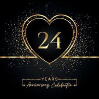 24 jaar Jubileumfeest met gouden hart en gouden Glitters op zwarte achtergrond. vectorontwerp voor begroeting, verjaardagsfeestje, bruiloft, evenementfeest. 24 jaar jubileumlogo vector