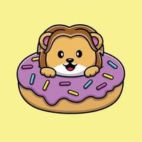 schattige leeuw in donut cartoon vector pictogram illustratie. dierlijk voedsel pictogram concept geïsoleerde premium vector.