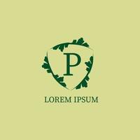 letter p alfabetische logo ontwerpsjabloon geïsoleerd op groen beige kleur. decoratieve bloemen schild teken illustratie. natuurwacht, beveiligingslogo concept. vector