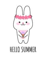 een gelukkige schattige haas in een krans van bloemen eet ijs. het concept van hallo zomer. vector kawaii illustratie voor prenten, ansichtkaarten, banners, sjablonen.