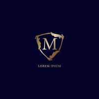 letter m alfabetische logo ontwerpsjabloon geïsoleerd op marineblauwe achtergrondgeluid. decoratieve bloemen schild teken illustratie. luxe metalen gouden beveiligingslogo concept. vector