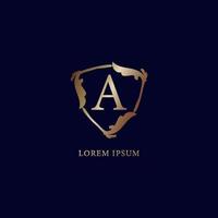 brief een alfabetisch logo ontwerpsjabloon. decoratieve bloemen schild teken illustratie geïsoleerd op marineblauwe achtergrondgeluid. luxe metalen gouden beveiligingslogo concept. vector