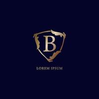 letter b alfabetisch logo ontwerpsjabloon. luxe metalen gouden beveiligingslogo concept. decoratieve bloemen schild teken illustratie geïsoleerd op marineblauwe achtergrondgeluid. vector