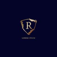 letter r alfabetische logo ontwerpsjabloon. luxe metalen gouden beveiligingslogo concept. geïsoleerd op marineblauwe achtergrondgeluid. decoratieve bloemen schild teken illustratie. vector