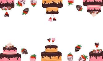 mooie achtergrond, spandoek met zoetwaren, cakes, met chocolade omhulde aardbeien, verschillende zoetigheden vector