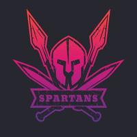 Spartanen, logo, badge, t-shirtontwerp met Spartaanse helm, gekruiste zwaarden en twee speren vector