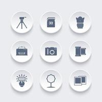 pictogrammen voor fotoapparatuur, camera, statief, geheugenkaart, film, lens, softbox, flits vector