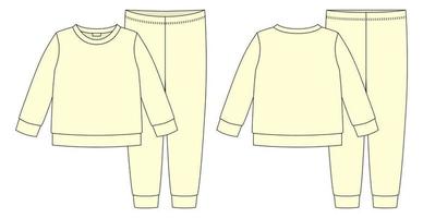 kleding pyjama technische schets. gele kleur. katoenen kindersweatshirt en broek. vector