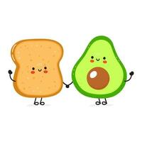 leuke vrolijke toast en avocado-kaart. vector hand getrokken doodle stijl cartoon karakter illustratie pictogram ontwerp. gelukkige brood en avocado vrienden concept kaart