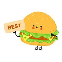 leuke grappige hamburger met poster beste karakter. vector hand getekend cartoon kawaii karakter illustratie pictogram. geïsoleerd op een witte achtergrond. hamburger karakter concept