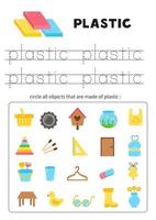 wat is gemaakt van plastic. omcirkel alle plastic voorwerpen. onderwijs werkblad. vector