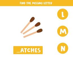 zoek ontbrekende letter met houten lucifers. werkblad spelling. vector