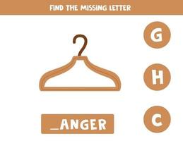 zoek ontbrekende letter met houten hanger. werkblad spelling. vector