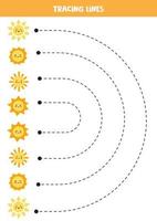 traceerlijnen voor kinderen. schattige zonnen. Schrijf oefening. vector
