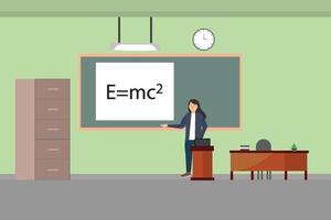 een vrouwelijke leraar in de klas die natuurkunde doceert. leraar plat karakterontwerp met klaslokaal interieur vector. onderwijs en universiteitsconceptenillustratie met bord en leraarslijst. vector