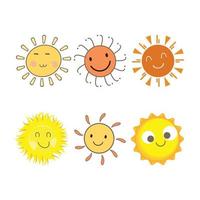 schattige zonnesticker met een ronde vorm en gele kleur. schattige zon met lachend gezicht. zonnestraal die uit zon vectorontwerp komt. 6 zon vector sociale media sticker collectie.