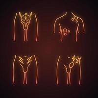 neonlichtpictogrammen voor de gezondheid van mannen. gloeiende borden. urine-incontinentie, huid- en prostaatkanker, liesbreuk. pijn in de lies en uitpuilend, onvrijwillig urineren. geïsoleerde vectorillustraties vector