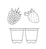 vector lijn yoghurt pack icoon met fruit en bessen. hand getekend biologisch vers zuivelproduct geïsoleerd op een witte achtergrond. natuurlijke voeding illustratie. zwart-wit ontwerp van de yoghurtverpakking.