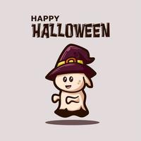 happy halloween-wenskaart met schattige geest die een heksenhoed draagt vector