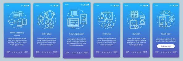 vaardigheidscursus spreken in het openbaar aan boord van mobiele app-paginaschermvectorsjabloon. professionele sprekersschool. walkthrough website stappen met lineaire pictogrammen. ux, ui, gui smartphone-interfaceconcept vector