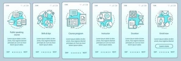 vaardigheidscursus spreken in het openbaar aan boord van mobiele app-paginaschermvectorsjabloon. professionele sprekersschool. walkthrough website stappen met lineaire pictogrammen. ux, ui, gui smartphone-interfaceconcept vector