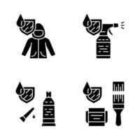 waterdichting glyph pictogrammen instellen. waterafstotende materialen, kleding. waterdichte jas, spray, kit, verf. vloeibare bescherming. hydrofobe technologie. silhouet symbolen. vector geïsoleerde illustratie