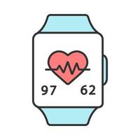 fitness tracker kleur pictogram. sportieve armband. stappenteller met cardio-activiteitsindicator. hartslag- en hartslagmeter. hartslagbewakingsapparaat. slimme band, polshorloge. geïsoleerde vectorillustratie vector