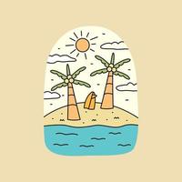 het kleine eiland met kokosnoot en surfplank in het strandontwerp voor badge patch embleem grafische vector kunst t-shirt design