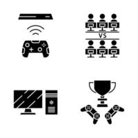 esports glyph-pictogrammen instellen. spelapparatuur en hardware. winnaar beker. round robin toernooi. teamwerk. silhouet symbolen. vector geïsoleerde illustratie