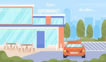supermarkt met café en parkeerplaatsen egale kleur vectorillustratie vector