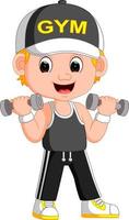 cartoon afbeelding van een man die traint met dumbbells vector