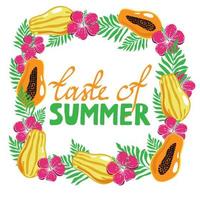 zomer papaya frame, banner met exotische vruchten, bloemen en bladeren, zomer vectorillustratie in cartoon stijl. papaja heel en half. hibiscus. heldere zomerse achtergrond vector