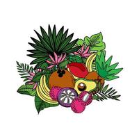 spandoek, poster met exotische junglevruchten en bladeren en exotische bloemen. elementen zijn met de hand getekend in een vlakke stijl. bloemen en fruitige tropische zomer achtergrond. vector illustratie